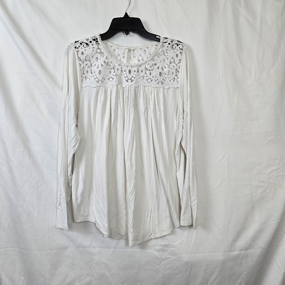 Philosophy Women's White Crochet Yoke Long Sleeve Flowy Office Boho Tunic Top XL